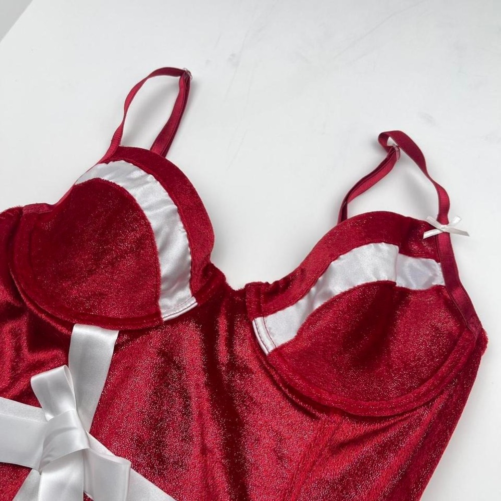 Y2K Velvet Bow Lingerie Corset Bodice Dark Red Holiday Women's Size Medium‎ - Picture 8 of 8
